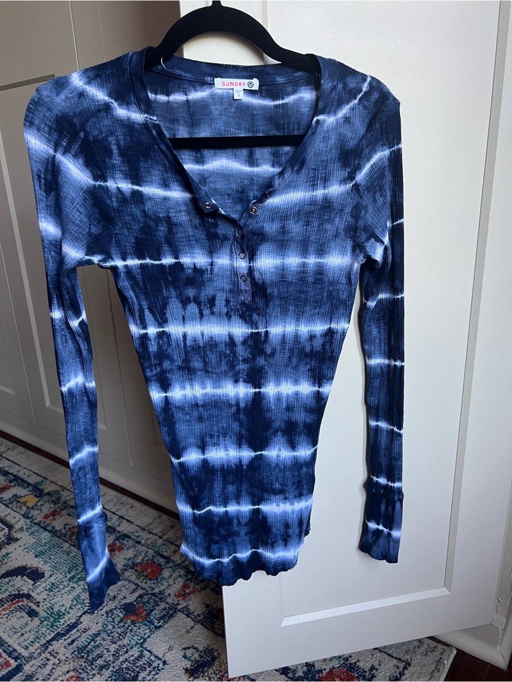 Sundry Fitted Ribbed Long Sleeve Henley Top in Navy Tie-Dye - Size 1 / S